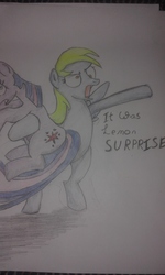 Size: 2560x1536 | Tagged: safe, artist:joey012, derpibooru exclusive, derpy hooves, twilight sparkle, pegasus, pony, epic rage time, g4, female, mare, pencil drawing, traditional art