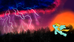 Size: 3840x2160 | Tagged: safe, artist:silversthreads, lightning dust, pony, g4, female, flying, forest, high res, lightning, solo, storm, sunset, twilight (astronomy)