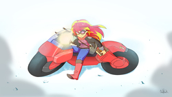 Size: 4100x2306 | Tagged: safe, artist:0ndshok, sunset shimmer, equestria girls, g4, akira, anime, badass, book, clothes, crossover, female, goggles, high res, motorcycle, pants, signature, solo