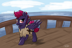 Size: 3000x2000 | Tagged: safe, artist:ruushiicz, oc, oc only, oc:straight shot, pegasus, pony, clothes, high res, ocean, pirate, ship, signature, solo, sword, weapon