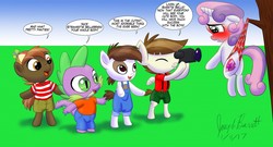 Size: 1280x693 | Tagged: safe, artist:avionscreator, artist:warpwarp1929, button mash, featherweight, pipsqueak, spike, sweetie belle, dragon, earth pony, pegasus, pony, unicorn, semi-anthro, g4, bipedal, blushing, butt, camera, clothed male nude female, clothes, colt, degradation, embarrassed, embarrassed underwear exposure, exposed, female, filly, frilly underwear, hanging wedgie, humiliation, male, overalls, panties, partial nudity, pink underwear, plot, public humiliation, strawberry underwear, topless, underwear, wardrobe malfunction, wedgie