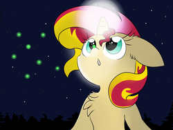 Size: 1600x1200 | Tagged: safe, artist:meowmavi, sunset shimmer, firefly (insect), pony, unicorn, g4, :o, chest fluff, female, floppy ears, glowing horn, horn, looking up, night, open mouth, solo, stars