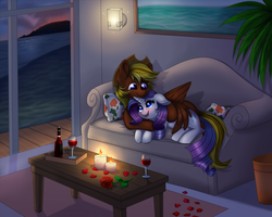 Size: 8000x6400 | Tagged: safe, artist:confetticakez, rarity, oc, pegasus, pony, g4, absurd resolution, blushing, candle, canon x oc, couch, floppy ears, flower, hat, hug, ocean, rose, rose petals, shipping, snuggling, table, twilight (astronomy), water, wine bottle, wine glass, winghug