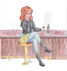 Size: 2480x2632 | Tagged: safe, artist:pastekskizofren, sunset shimmer, equestria girls, g4, alcohol, blushing, female, high res, human coloration, sitting, smiling, solo, traditional art, wine, wine bottle, wine glass