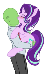 Size: 1179x1920 | Tagged: safe, artist:duop-qoub, starlight glimmer, oc, oc:anon, human, pony, unicorn, g4, blushing, butt grab, chest fluff, eyes closed, female, grope, hand on butt, holding a pony, kissing, male, mare, simple background, straight, transparent background