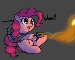 Size: 1280x1031 | Tagged: safe, artist:neuro, pinkie pie, earth pony, pony, g4, cute, diapinkes, female, flying, gray background, luigi's mansion, open mouth, poltergust 5000, silly, simple background, solo, vacuum cleaner, wheeeee