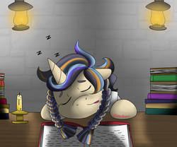 Size: 864x720 | Tagged: safe, artist:deltafairy, oc, oc only, unnamed oc, pony, unicorn, book, candlelight, female, hooves on the table, mare, pigtails, sleeping, sleepy, solo, z, zzz