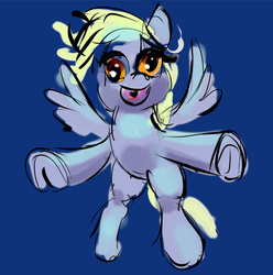 Size: 646x650 | Tagged: safe, anonymous artist, derpy hooves, pegasus, pony, g4, blue background, creepy, female, frog (hoof), incoming hug, looking at you, mare, open mouth, simple background, smiling, solo, spread wings, underhoof
