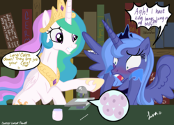Size: 4823x3445 | Tagged: safe, artist:darkest-lunar-flower, princess celestia, princess luna, alicorn, pony, g4, absurd resolution, biology, blushing, book, bookshelf, cell, cells, duo, emoticon, female, luna is not amused, mare, microscope, on the moon for too long, open mouth, royal sisters, s1 luna, scared, science, spread wings, sweat, the ugly barnacle, yelling