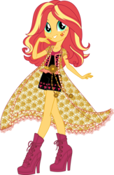 Size: 7904x12137 | Tagged: safe, artist:sugar-loop, sunset shimmer, equestria girls, g4, my little pony equestria girls: legend of everfree, .ai available, .svg available, absurd resolution, alternate hairstyle, alternative cutie mark placement, boho, camp fashion show outfit, clothes, cute, female, high heels, simple background, smiling, solo, transparent background, vector