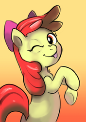 Size: 645x909 | Tagged: safe, artist:white-pilled, apple bloom, earth pony, pony, g4, adorabloom, bow, cute, female, hair bow, looking at you, silly, silly face, silly pony, simple background, solo, tongue out, underhoof