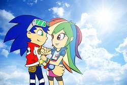 Size: 1800x1200 | Tagged: safe, artist:cylent-nite, artist:trungtranhaitrung, rainbow dash, human, equestria girls, g4, clothes, crossover, crossover shipping, equestria girls outfit, humanized, interspecies, male, remastered, shipping, sky, sonic the hedgehog, sonic the hedgehog (series), sonicdash, straight, sun