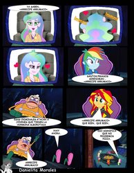 Size: 1024x1317 | Tagged: safe, artist:danielitamlp, applejack, fluttershy, princess celestia, principal celestia, rainbow dash, sunset shimmer, equestria girls, g4, comic, crossover, dialogue, image macro, meme, mermaid man, mermaid man and barnacle boy v, parody, reference, spanish, spongebob squarepants