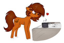 Size: 1549x1051 | Tagged: safe, artist:marsminer, oc, oc only, oc:venus spring, earth pony, pony, :p, chest fluff, cooking, female, floppy ears, food, heart, mare, pot, simple background, smiling, solo, soup, stove, that pony sure does love soup, tongue out, venus spring actually having a pretty good time, white background
