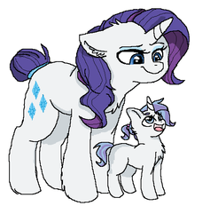 Size: 584x616 | Tagged: safe, artist:moonabelle, rarity, oc, oc:rare diamond, pony, unicorn, g4, blank flank, chest fluff, duo, ear fluff, female, filly, offspring, parent:fancypants, parent:rarity, parents:raripants, simple background, white background