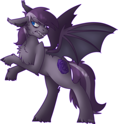 Size: 1062x1119 | Tagged: safe, artist:dr-idiot, oc, oc only, oc:violet rose, bat pony, pony, fangs, grumpy, rearing, simple background, solo, teeth, transparent background, unshorn fetlocks