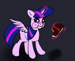 Size: 791x644 | Tagged: safe, artist:xbi, twilight sparkle, alicorn, pony, g4, :t, aweeg*, bibliovore, black background, book, bookhorse, eating, female, knowledge, levitation, looking at you, magic, mare, pica, puffy cheeks, shadow, silly, silly pony, simple background, smiling, solo, spread wings, telekinesis, that pony sure does love books, twilight sparkle (alicorn), wings