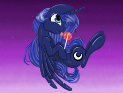 Size: 1839x1388 | Tagged: safe, artist:springveil, princess luna, pony, g4, candy, female, flying, food, licking, lollipop, silly, silly pony, solo, tongue out