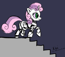 Size: 1349x1188 | Tagged: safe, artist:xbi, sweetie belle, pony, robot, robot pony, unicorn, friendship is witchcraft, g4, butt, falling, female, filly, foal, hooves, horn, impending slinky noises, neigh soul sister, plot, solo, sweetie bot, this will end in pain, this will not end well