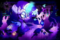 Size: 1280x853 | Tagged: safe, artist:thegoodowl, nightmare rarity, rarity, nightmare forces, pony, umbrum, unicorn, g4, abstract background, error, female, glitch, plushie, solo