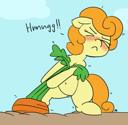 Size: 1280x1248 | Tagged: safe, artist:pabbley, carrot top, golden harvest, earth pony, pony, g4, belly button, bipedal, carrot, cute, eyes closed, female, food, hnnng, solo, struggling