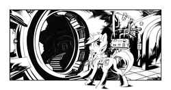 Size: 2550x1350 | Tagged: safe, artist:halley-valentine, oc, oc only, oc:littlepip, pony, unicorn, fallout equestria, black and white, butt, clothes, fanfic, fanfic art, female, grayscale, horn, jumpsuit, looking back, mare, monochrome, pipbuck, plot, raised hoof, solo, stable (vault), stable 2, stable door, vault suit
