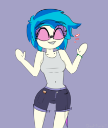 Size: 1687x2000 | Tagged: safe, artist:deafpunk, dj pon-3, vinyl scratch, equestria girls, g4, arms wide open, bracelet, clothes, eyes closed, female, glasses, jewelry, lanyard, short hair, shorts, smiling, solo, sunglasses, tank top, thigh gap