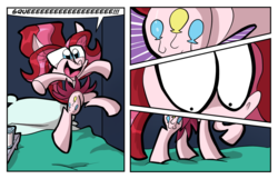 Size: 1280x822 | Tagged: safe, artist:joeywaggoner, pony, the clone that got away, bed, comic, cutie mark, diane, glass, glass of milk, glasses, jumping, milk, mood whiplash, pillow, redesign, shocked, solo, squee, tray