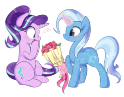 Size: 1400x1100 | Tagged: safe, artist:haden-2375, starlight glimmer, trixie, pony, unicorn, g4, blushing, bouquet, cute, cutie mark, diatrixes, duo, female, flower, glimmerbetes, glowing horn, heart, horn, lesbian, levitation, love, magic, mare, open mouth, outline, raised hoof, ship:startrix, shipping, simple background, sitting, smiling, standing, teeth, telekinesis, transparent background, watermark