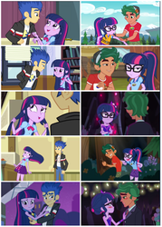 Size: 606x846 | Tagged: safe, edit, edited screencap, screencap, flash sentry, sci-twi, timber spruce, twilight sparkle, equestria girls, g4, my little pony equestria girls, my little pony equestria girls: legend of everfree, my little pony equestria girls: rainbow rocks, camp everfree logo, camp everfree outfits, clothes, comparison, male, ship:flashlight, shipping, straight, timbertwi, twolight