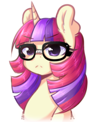 Size: 1280x1633 | Tagged: safe, artist:fluffymaiden, moondancer, pony, g4, bust, cute, dancerbetes, ear fluff, female, glasses, request, requested art, simple background, solo, unamused, white background
