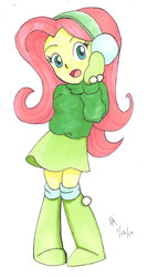 Size: 800x1497 | Tagged: safe, artist:mayorlight, fluttershy, equestria girls, g4, boots, clothes, earmuffs, female, looking at you, mittens, open mouth, simple background, solo, sweater, sweatershy, traditional art, white background