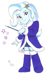 Size: 600x932 | Tagged: safe, artist:mayorlight, trixie, equestria girls, g4, boots, female, looking at you, magic, magic wand, simple background, smiling, solo, traditional art, winter coat