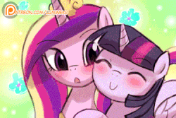 Size: 375x250 | Tagged: safe, artist:lumineko, edit, princess cadance, twilight sparkle, alicorn, pony, lumineko's nuzzling princesses, g4, :o, animated, blushing, c:, crown, cute, cutedance, eyes closed, female, flower, gif, hug, jewelry, lumineko is trying to murder us, non-consensual nuzzling, nuzzling, open mouth, patreon, patreon logo, regalia, rubbing, sisters-in-law, smiling, snuggling, surprised, twiabetes, twilight sparkle (alicorn), weapons-grade cute