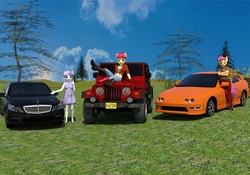 Size: 2400x1680 | Tagged: safe, artist:jawolfadultishart, apple bloom, scootaloo, sweetie belle, earth pony, anthro, plantigrade anthro, g4, 3d, acura, acura integra, boots, car, clothes, daz studio, flannel, gloves, jeep, jeep wrangler, mercedes-benz, mercedes-benz e-class, mercedes-benz e63 amg, mercedes-benz w212, older, sandals