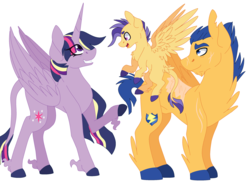 Size: 2776x2036 | Tagged: safe, artist:loyalstray, artist:maiachlte, flash sentry, twilight sparkle, oc, oc:shooting star, alicorn, classical unicorn, pegasus, pony, g4, amputee, colored hooves, colt, family, female, fluffy, flying, foal, high res, horn, leonine tail, male, mare, missing limb, offspring, older, parent:flash sentry, parent:twilight sparkle, parents:flashlight, scar, scarred, ship:flashlight, shipping, simple background, stallion, straight, tail feathers, trio, twilight sparkle (alicorn), unshorn fetlocks, white background