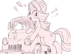 Size: 1399x1067 | Tagged: safe, artist:k-nattoh, starlight glimmer, pony, g4, belly button, bipedal, bipedal leaning, female, heart, leaning, monochrome, solo, vehicle