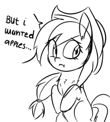 Size: 442x488 | Tagged: safe, artist:aureai-sketches, applejack, earth pony, pony, g4, :t, apple, black and white, chest fluff, dialogue, female, grayscale, looking back, monochrome, simple background, sketch, solo, speech bubble, that pony sure does love apples, white background