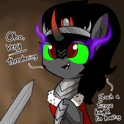 Size: 1080x1080 | Tagged: safe, artist:tjpones, king sombra, pony, unicorn, g4, bedroom eyes, dialogue, female, mare, offscreen character, open mouth, queen umbra, rule 63, sarcasm, shaking, smiling, solo focus, sword, trembling, unimpressed, weapon