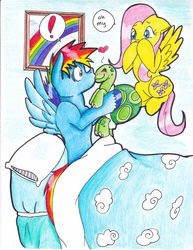Size: 2552x3300 | Tagged: safe, artist:tristanjsolarez, fluttershy, rainbow dash, tank, pegasus, pony, tortoise, comic:trans ponies, g4, bed, blushing, caught, gasp, heart, high res, kissing, rainbow blitz, rule 63, spread wings, traditional art, wingboner