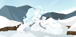 Size: 3776x1880 | Tagged: safe, artist:xsidera, oc, oc only, oc:bianca, oc:neve, ermine, original species, pond pony, eyes closed, female, mare, pet, pet oc, prone, snow