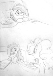 Size: 2013x2896 | Tagged: safe, artist:lalieri, marble pie, pinkie pie, earth pony, pony, g4, bed, bedroom, bedsheets, blushing, blushing profusely, caring for the sick, collaboration, comic, cute, disgusted, female, high res, marblebetes, medicine, monochrome, open mouth, pie sisters, pie twins, sibling love, siblings, sick, sisterly love, sisters, sketch, sniffling, spoon, thermometer, tongue out, traditional art, twins