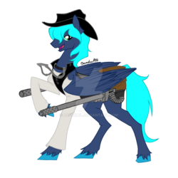 Size: 1024x1024 | Tagged: safe, artist:basykail, oc, oc only, oc:prince thunderflare, pegasus, pony, clothes, fit, hat, male, raised hoof, simple background, slender, solo, stallion, thin, transparent background, watermark, weapon
