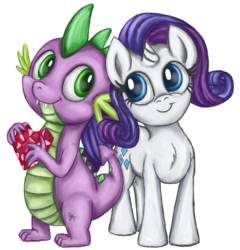 Size: 1698x1767 | Tagged: safe, artist:thebowtieone, rarity, spike, dragon, pony, unicorn, g4, baby, baby dragon, blue eyes, cute, cutie mark, female, fire ruby, gem, green eyes, head tilt, horn, looking at each other, male, mare, raribetes, ship:sparity, shipping, simple background, small, smiling, spikabetes, straight, transparent background