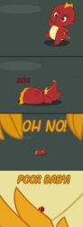 Size: 600x1637 | Tagged: safe, artist:queencold, garble, oc, oc:caldera, dragon, comic:mommy issues, g4, baby dragon, baby garble, comic, dialogue, dragon oc, dragoness, duo, faceplant, falling, gardorable, younger