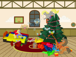 Size: 4595x3446 | Tagged: safe, artist:malte279, derpy hooves, dinky hooves, doctor whooves, time turner, earth pony, parasprite, pegasus, pony, unicorn, g4, christmas, christmas tree, doctor who, family, hearth's warming, hearth's warming eve, high res, origami, tardis, tree