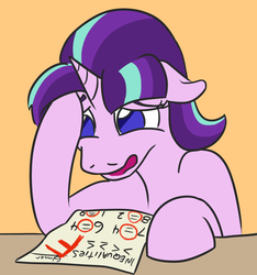 Size: 754x804 | Tagged: safe, artist:jargon scott, starlight glimmer, pony, unicorn, g4, equal sign, f, failure, female, floppy ears, inequality, inequality sign, lidded eyes, mare, math, no pupils, open mouth, orange background, sad, simple background, solo, stupidity, test, that pony sure does love equality, yellow background