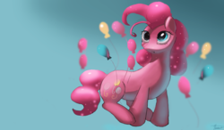 Size: 4681x2736 | Tagged: dead source, safe, artist:auroriia, pinkie pie, earth pony, pony, g4, balloon, female, gradient background, high res, solo