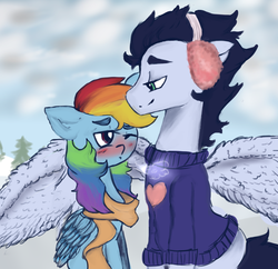 Size: 3000x2900 | Tagged: safe, artist:slytherinakatsuki, rainbow dash, soarin', pony, g4, blushing, clothes, earmuffs, high res, ice breath, male, scarf, ship:soarindash, shipping, straight, sweater, winter outfit