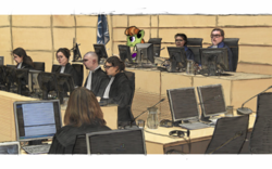 Size: 1280x800 | Tagged: safe, artist:dantheman, lady justice, swift justice, human, fanfic:chrysalis visits the hague, g4, clothes, computer, court, courtroom, fanfic, fanfic art, flag, glass, glasses, headphones, international criminal court, judge, judges, lawyer, microphone, pony on earth, prosecutor, robe, robes, sketch, table, trailer, trial, uniform